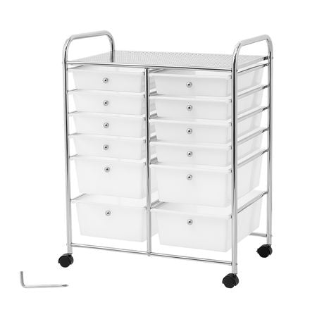 Rolling Cart with Drawers, Double Row 12 Drawer Storage Organizer, Mobile Utility Cart with Chrome Steel Frame, Universal Casters & 2 Brakes, for Office, Classroom, Craft Room, Studio, Garage