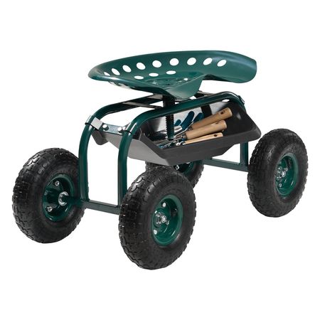 Rolling Garden Cart with Swivel Seat, Heavy Duty Garden Seat with Storage Basket & Tool Tray, 300 lbs Weight Capacity, Outdoor Utility Gardening Stool Scooter for Lawn Yard Planting Weeding