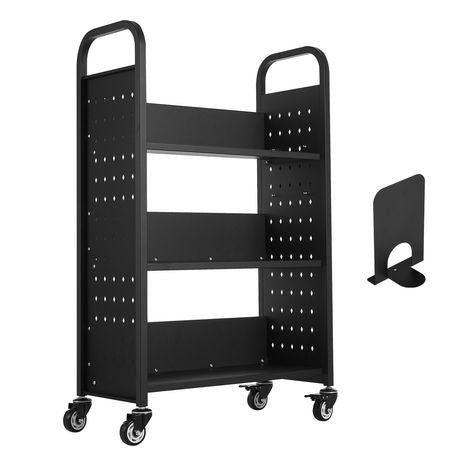Rolling Library Book Cart, 330 lbs Capacity, 30.3 x 15 x 48.0-Inch Library Cart, Single Sided L-Shaped Shelves with 3-Inch Lockable Wheels, Book Truck for Home Shelves Office and School, Black
