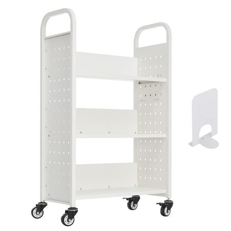 Rolling Library Book Cart, 330 lbs Capacity, 30.3 x 15 x 48.0-Inch Library Cart, Single Sided L-Shaped Shelves with 3-Inch Lockable Wheels, Book Truck for Home Shelves Office and School, White