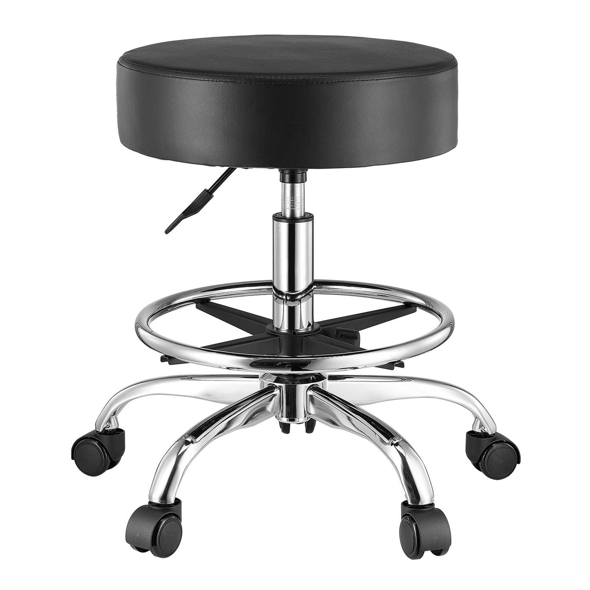 Rolling Stool with Foot Rest and Wheels, 450 LBS Weight Capacity Round Rolling Stool Chair, Height Adjustable Thickened PU Leather Swivel Stool for Salon, Spa, Massage, Tattoo, Clinic, Black