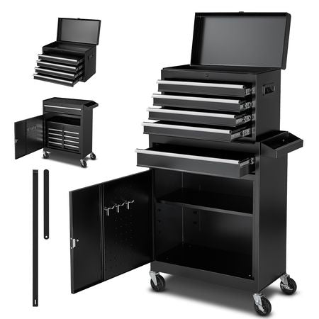Rolling Tool Chest, 2-in-1 Design, 5 Drawers Tool Cabinet Organizer with Detachable Top Metal Toolbox, Lock Bar, Protective Liner, and Tools Rack, Garage Storage Cabinet for Warehouse, Workshop