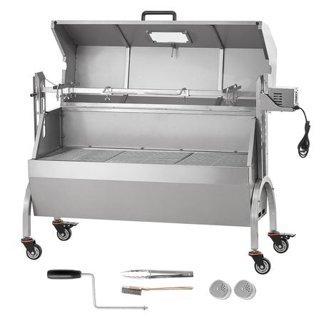 Rotisserie Grill with Hooded Cover, BBQ Whole Pig Lamb Goat Charcoal Spit Grill, 46 Inch 132Lbs Capacity, Electric 52W Motor Stainless Steel Roaster with Viewing Window and Lockable Wheels