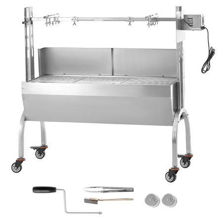Rotisserie Grill with Windscreen, BBQ Whole Pig Lamb Goat Charcoal Spit Grill, 46 Inch 132 Lbs Capacity, Electric 52W Motor Stainless Steel Roaster with Lockable Wheels, for Camping Outdoor
