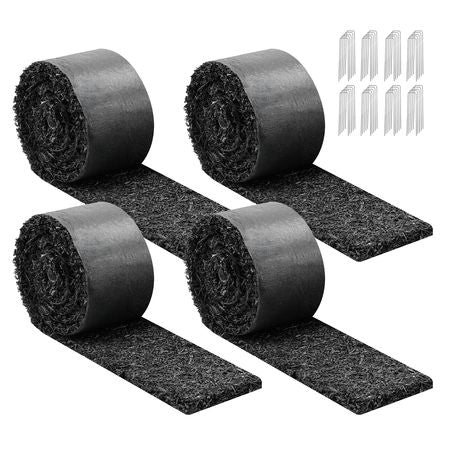 Rubber Mulch Mat Roll, 4 Rolls 120 x 4.5 in, Recycled Rubber Permanent Mulch Edging Border, Natural-Looking Flower Barrier with Stakes, 0.5 in Thick Cuttable Garden Edgings for Landscaping