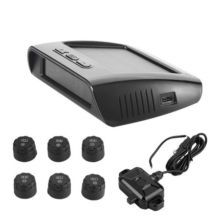 RV Tire Pressure Monitoring System, 7.3-116 PSI Trailer TPMS, Universal Wireless Car Alarm System, Waterproof TPMS Sensors Set with Solar Charge, 6 Sensors, 5 Alarm Modes, and Real-time Display