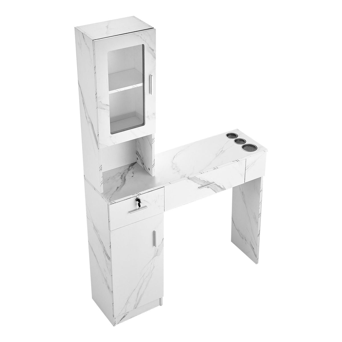 Salon Workstation, Wall-Mounted Unit for Hair Professionals, Spa Styling Storage Solution, Includes 1 Cabinet, 3 Shelves, 2 Drawers (1 with Lock), in White