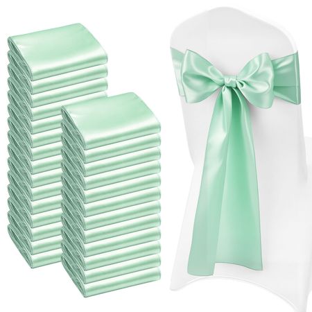 Satin Chair Sashes Bows, 100PCS Chair Ribbon Ties Back Sash, 7 x 108 inch, Light Green Wedding Reception Decoration, for Wedding Ceremony Baby Shower Party Events Banquet Chair Cover Decoration