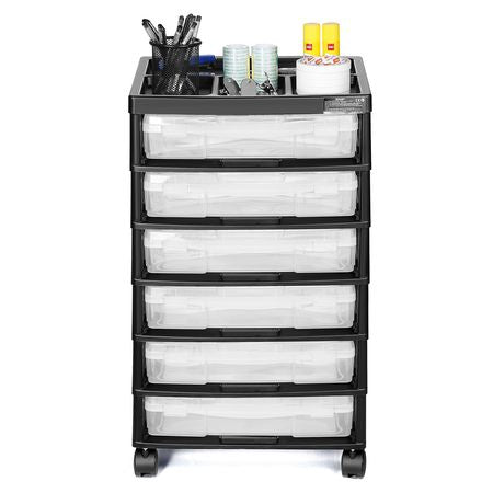 Scrapbook Rolling Storage Cart, 6-Tier Large Capacity with Organizer Top, Black Frame with 6 Clear Cases and 4 Removable Wheels, Storage Organizer Rolling Cart for Arts and Crafts Supplies