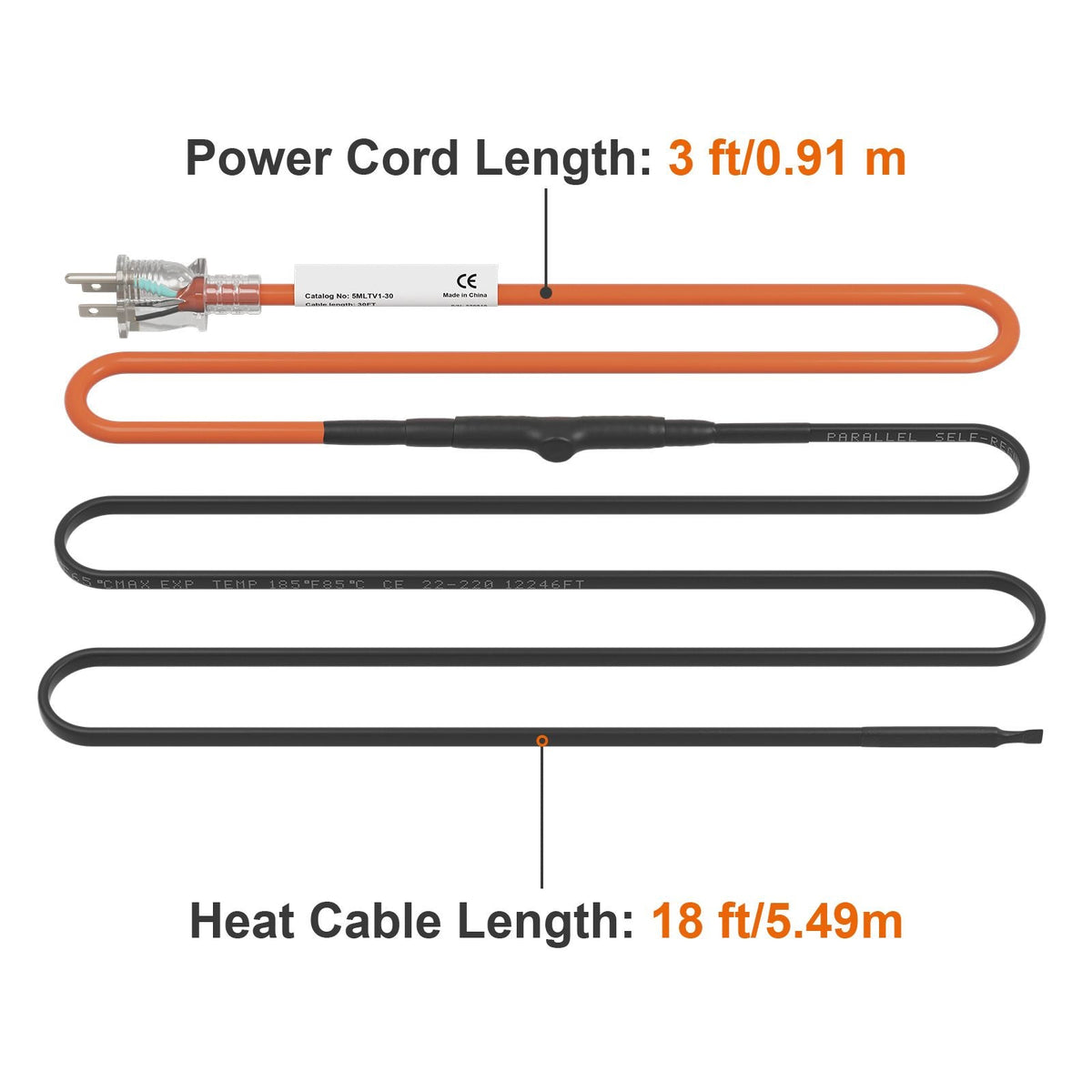 Self-Regulating Pipe Heating Cable, 18-feet 5W/ft Heat Tape for Pipes Freeze Protection, Protects PVC Hose, Metal and Plastic Pipe from Freezing, 120V