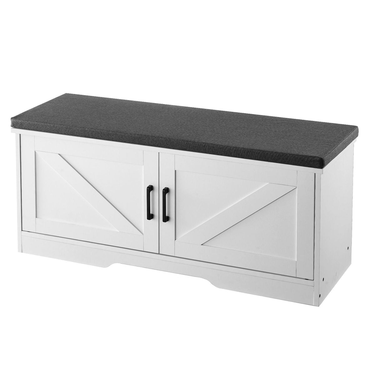 Shoe Storage Bench, 39.4 x 14.0 x 18.1 Inch Shoe Organizer with Padded Seat Cushion, Entryway Bench with 2 Barn Doors and Height Adjustable Shelf, for Hallway, Living Room, Bedroom, White+Black