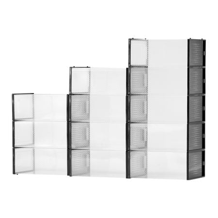 Shoe Storage Boxes, 12 Pack Stackable Shoe Boxes Storage Organizers, Fit up to US Size 11, Plastic Modular Space Saving Sneaker Containers for Storing High Heels, Boots, and Hats, Black Frame