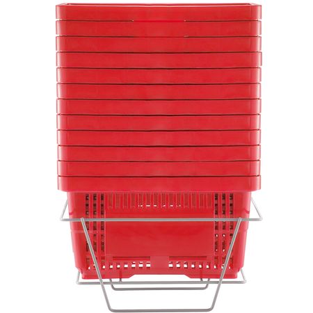Shopping Basket, Set of 12, 24L Durable Plastic Grocery Basket with Handle and Stand, 16.73 x 11.61 x 8.86 inch Portable Shop Basket Bulk Used for Retail Store Supermarket Grocery Shopping, Red