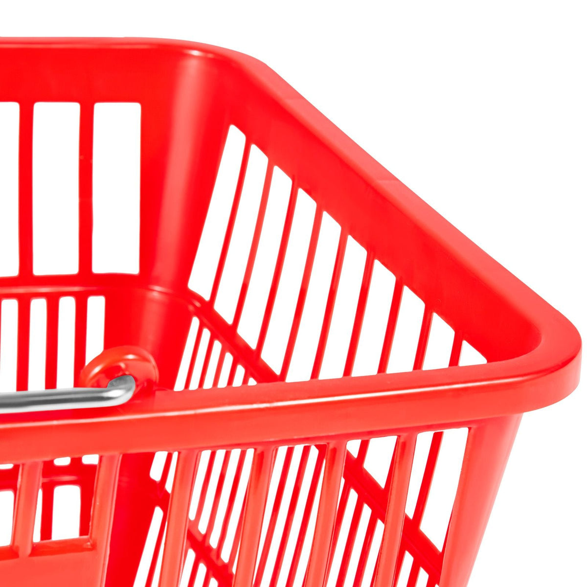 Shopping Baskets, 12 PCS, 21L Stackable PE Plastic Grocery Baskets with Metal Handles, Dense Mesh Structure, Holds up to 20 lbs, Portable for Grocery, Retail, Stores, Supermarket, Home Use, Red