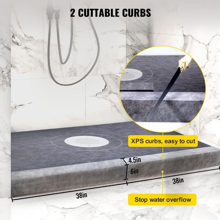 Shower Curb Kit, 38\"x60\" Watertight Shower Curb Overlay with 4\" PVC Central Bonding Flange, 4\" Stainless Steel Grate, 2 Cuttable Shower Curb and Trowel, Shower Pan Slope Sticks Fit for Bathr