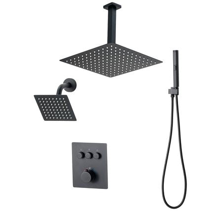 Shower Faucet Set, 12 Inch Thermostatic Ceiling Mount Rainfall Shower System with 6 Inch Wall Mount Head and 2 in 1 Handheld Spray, 3-Function Dual Rain Head Brass Valve & Trim Kit, Matte Black