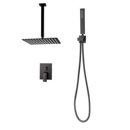 Shower Faucet Set, Rainfall Bathroom Shower System with 10-Inch Square Rain Shower Head and Handheld Spray, Ceiling Mount Bath Fixtures with Brass Valve and Trim Kit, Matte Black