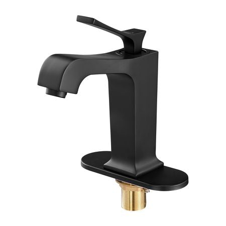 Single Handle Sink Faucet, Matte Black Finish Faucet Kitchen Sink, Kitchen Water Faucets with Push-Button Drain, Suitable for Bathroom, RV, Bar Sink, Public Restroom, Waterfall-Style Spout