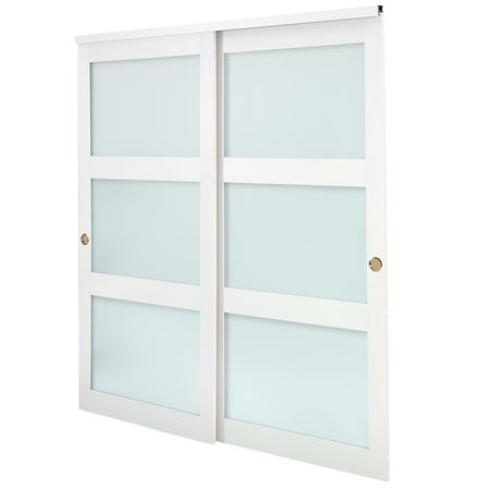 Sliding Closet Door, 72" (Double 37") x 80", 3-Lite Frosted Glass Bypass Sliding Doors with Hardware Kit & Floor Guide, Solid Wood & MDF Slab with Water-Proof PVC Surface for Closets Bedrooms