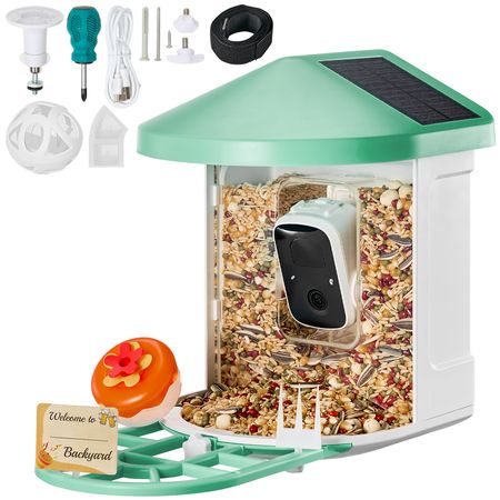 Smart Bird Feeder with Camera, 2K HD AI Identify 10000+ Bird Species, Solar-Powered Bird Watching Camera with Auto Capture & Instant Notify, Wireless Outdoor Gift for Bird Lover (2 Solar Panels)