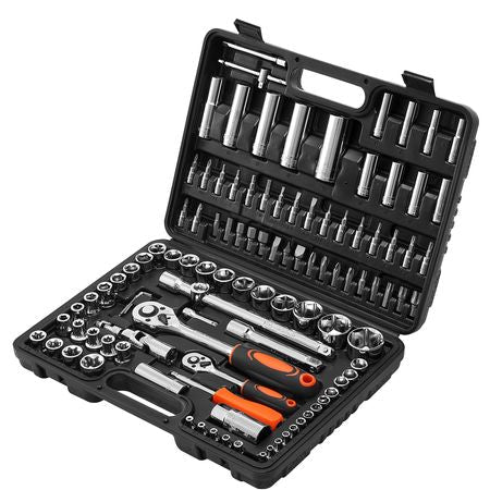 Socket Set, 108 Pieces, 1/4 & 1/2 inch Drive Socket and Ratchet Set, Metric Size from 4 to 32 mm, Mechanic Tool Kit with Bits, Accessories, Storage Case, CR-V Alloy Steel, for Automotive Repair