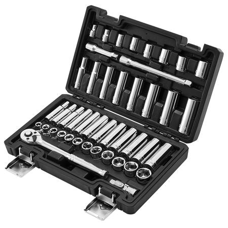 Socket Set, 44 Pieces, 3/8 inch Drive Socket and Ratchet Set, SAE and Metric, Deep and Shallow, Mechanic Tool Kit with Accessories and Storage Case, CR-V Alloy Steel, for Automotive Repair