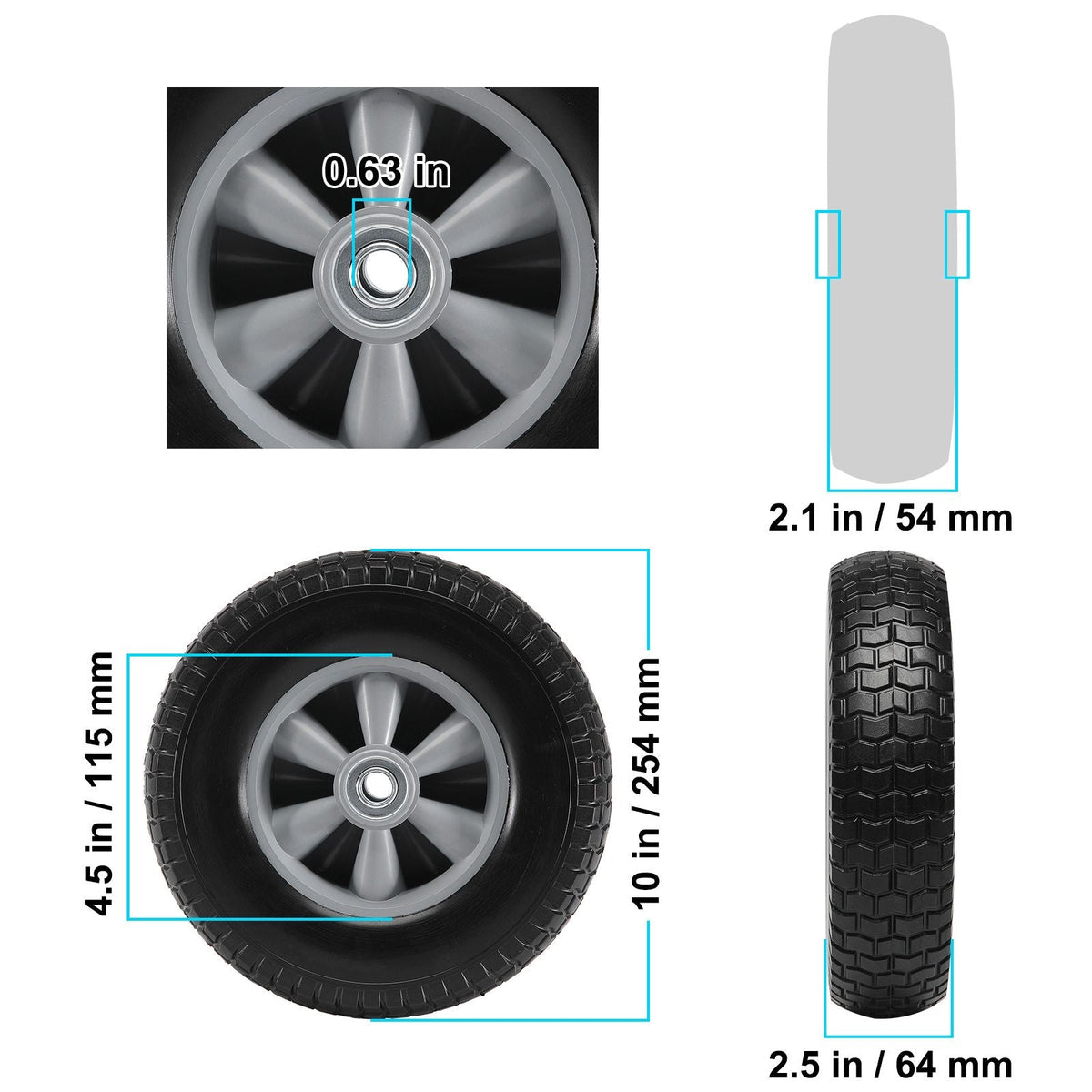 Solid PU Run-Flat Tire Wheel, 10", 2-Pack, 180 lbs Dynamic Load, 220 lbs Static Load, Flat Free Tubeless Tires and Wheels for Hand Truck, Utility Cart, Dollies, Garden Trailers, Various Carts