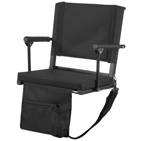 Stadium Seat, Portable Bleacher Seat with Armrest, Back Support and Thick Cushion, Bench Chair for Bleacher Includes Shoulder Strap, Hooks, Cup Holder, Black Football Bleachers Seats, 1PCS