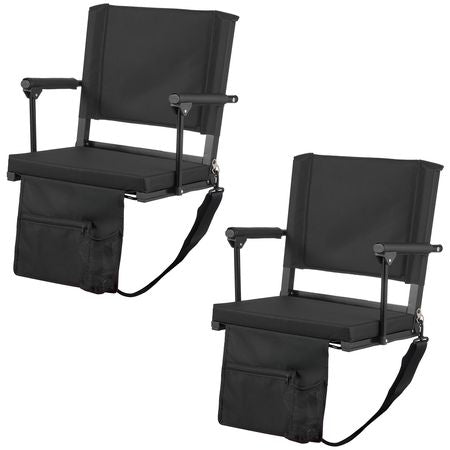 Stadium Seat, Portable Bleacher Seat with Armrest, Back Support and Thick Cushion, Bench Chair for Bleacher Includes Shoulder Strap, Hooks, Cup Holder, Black Football Bleachers Seats, 2PCS