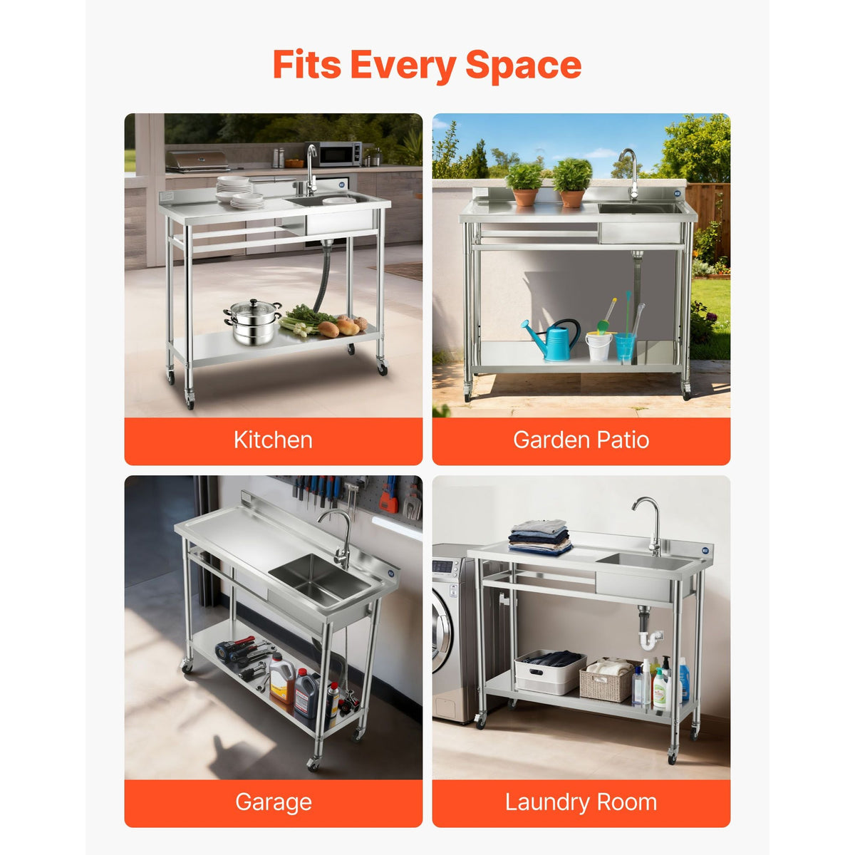 Stainless Steel Utility Sink, Rolling Single Bowl Commercial Kitchen Sink with Wheels, Faucet and Hot & Cold Water Pipe, Utility Basin Workbench for Restaurant Laundry 47.2 x 19.7 x 41.5 in