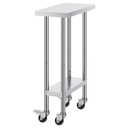 Stainless Steel Work Table 24 x 12 x 38 Inch, 500 LBS Load Capacity with 4 Wheels, 3 Adjustable Height Levels, Heavy Duty Food Prep Worktable for Commercial Kitchen Restaurant, Silver