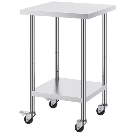 Stainless Steel Work Table 24 x 24 x 38 Inch, 700 LBS Load Capacity with 4 Wheels, 3 Adjustable Height Levels, Heavy Duty Food Prep Worktable for Commercial Kitchen Restaurant, Silver