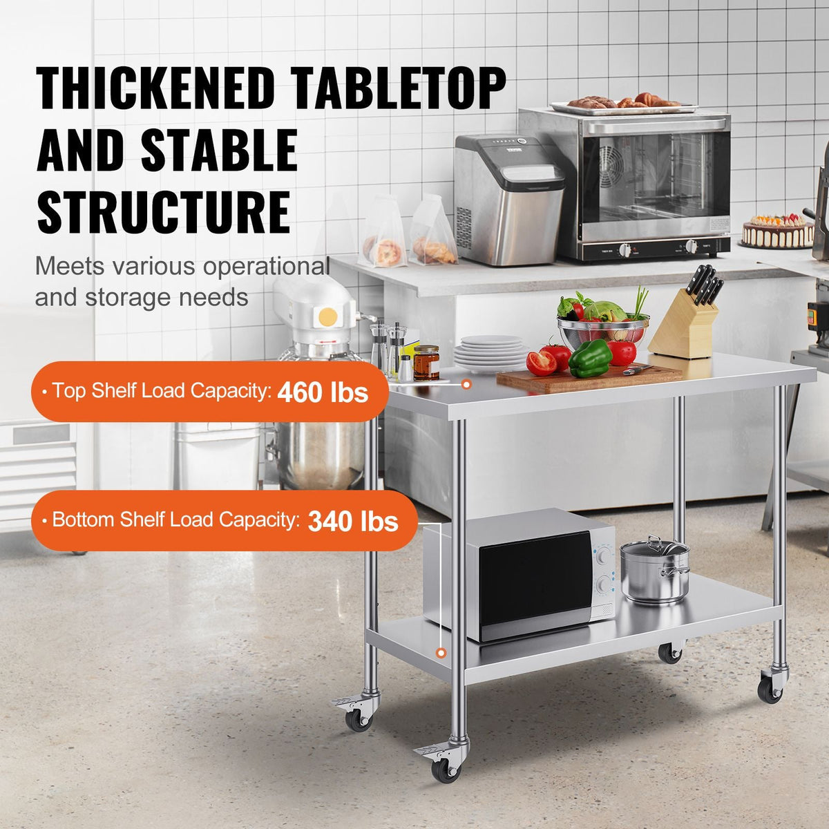 Stainless Steel Work Table 24 x 48 x 38 Inch, with 4 Wheels, 3 Adjustable Height Levels, Heavy Duty Food Prep Worktable for Commercial Kitchen Restaurant, Silver