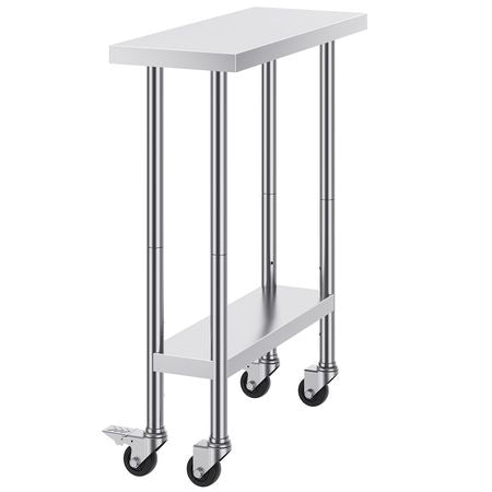 Stainless Steel Work Table 30 x 12 x 38 Inch, with 4 Wheels, 3 Adjustable Height Levels, Heavy Duty Food Prep Worktable for Commercial Kitchen Restaurant, Silver