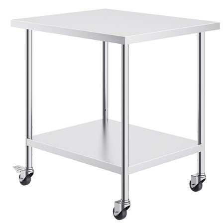 Stainless Steel Work Table 30 x 18 x 38 Inch, with 4 Wheels, 3 Adjustable Height Levels, Heavy Duty Food Prep Worktable for Commercial Kitchen Restaurant, Silver
