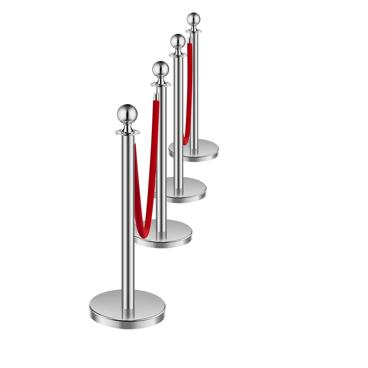 Stanchions and Velvet Ropes 4Pcs, Hollow Base with Stainless Steel Post, 2 Red Velvet Ropes and Posts, Crowd Control Barriers Silver Stanchions, Red Carpet Runner Poles for Party Supplies