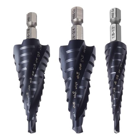 Step Drill Bit Set, 1/8 - 7/8 inch, 3 Pieces Step Drill Bits, 1/4 inch Hex Shank, TiAlN Coating Cobalt HSS High Speed Steel, for Metal, Stainless Steel, Aluminum, Wood, Plastic, Fiberglass
