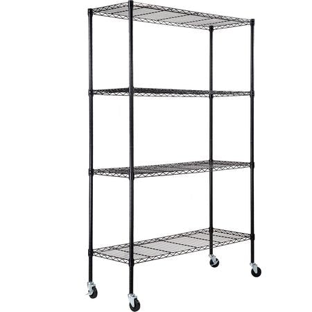 Storage Shelving Unit with Wheels, 4-Tier Adjustable, 700 lbs Capacity, Heavy Duty Garage Shelves Metal Organizer Wire Rack, Black, 47.2" L x 17.7" W x 74" H for Kitchen Pantry Basement Bathroom