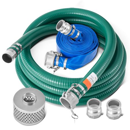 Suction Hose Kit for Water Pump, with 2 in x 65 ft Blue Backwash Hose, 20 ft Green Suction Hose, and Steel Round Hole Strainer, Camlocks, Clamps, Cam & Groove Adapter, for Multiple Purposes