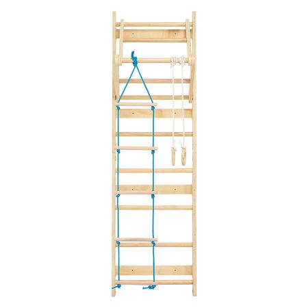 Swedish Ladder Wall Gym, 4-in-1 8-Level Indoor Jungle Gym, 220LBS Loading Solid Wood Gymnastic Stall Bars, Indoor Playground Climbing Playset with Gym Rings, Pull-Up Bar, Rope Ladder