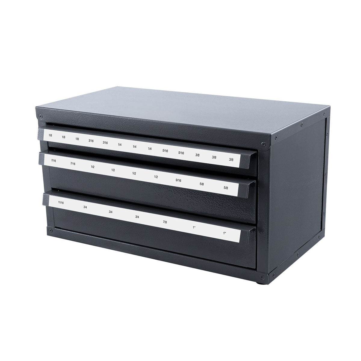 Three-Drawer Steel Cabinet for End Mill Organization, Accommodates 1/8" to 1", Features 29 Compartments with Labels, Stackable Design for Efficient Storage