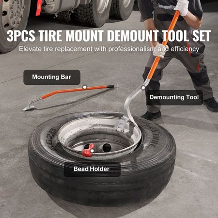 Tire Mount Demount Tool, 22.5"-24.5" Manual Steel Tire Changer Mount Demount Removal Tool, with Extra Bead Holder, Tubeless Truck Bead Breaker, 3 PCS Tire Changing Tools, Orange