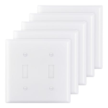 Toggle Light Switch Wall Plates, 2-Gang Switch Electrical Outlet Covers, Standard Size 4.61in L x 4.53in H Unbreakable Polycarbonate Thermoplastic Faceplate (5 Pack, White)