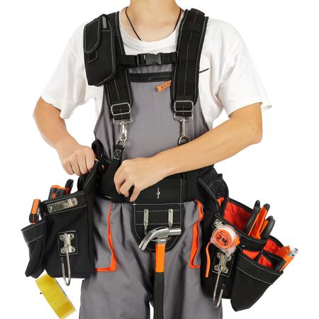 Tool Belt with Suspenders, 34 Pockets, 29-54 inches Adjustable Waist Size, Tool Belts for Men, 1250D Nylon Heavy Duty Carpenter Tool Pouch for Carpenters, Electricians, and Gardening, Black