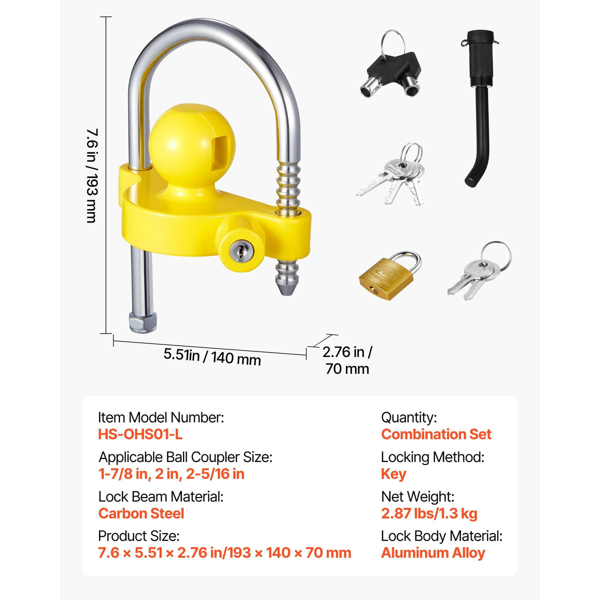 Trailer Hitch Lock Kit, Fits for 1-7/8 in, 2 in, 2-5/16 in Couplers, Heavy-Duty Anti-Theft Trailer Ball Lock with Keys, Prying-Resistant, Adjustable Height Design for RVs, Boats, Trailers