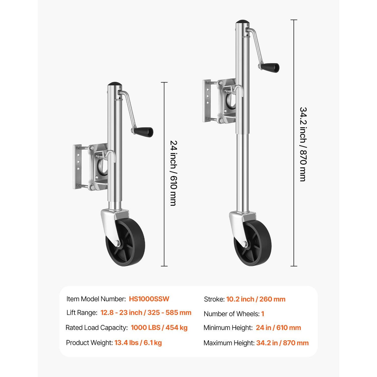 Trailer Jack with Wheel, 1000 lbs Load Capacity, Heavy Duty Swivel Boat Trailer Jack with PP Single Wheel & Ergonomic Handle, 10-inch Lift, Fit for RVs, Boats, Horse Trailers, Utility Trailers