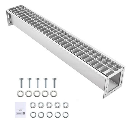 Trench Drain, 39.3 x 5.8 x 5.5 in, Linear Drainage Channel with Galvanized Steel Grate, 304 Stainless Steel Channel Drain, Outdoor Drainage System for Driveway, Patio, Pool, Garden, Silver