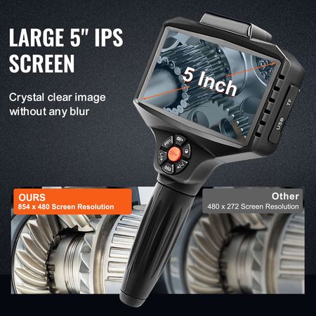 Triple Lens Borescope, 5" IPS Screen Inspection Camera with Lights, 8X Zoom 1080P HD Split Screen, 10 LED Lights Scope Endoscope Camera for Automotive, Plumbing(16.5FT Cable, 32GB Card)
