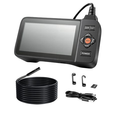 Triple Lens Endoscope with Light, 4.5" HD IPS Screen Industrial Borescope Camera, 8 + 2 Lights, 8X Zoom, IP67 Waterproof Inspection Snake Camera for Automotive, Plumbing (16.4FT Rigid Cable)