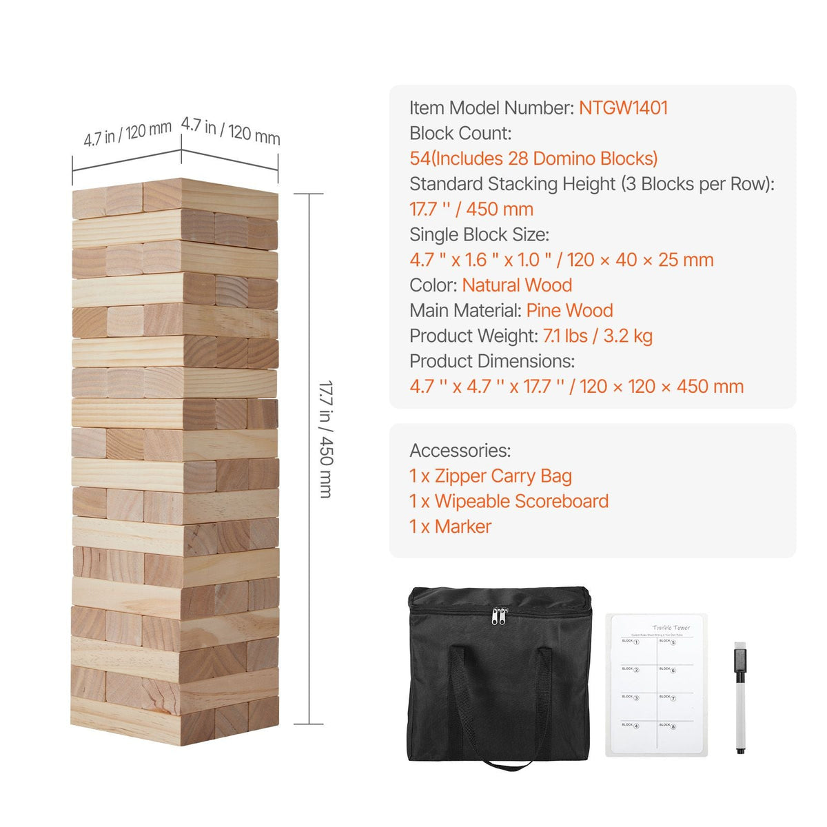 Tumbling Timber Toy, 54 Blocks Medium Tumble Tower Blocks Game, Pine Wood Tumbling Tower Game with Carry Bag and Scoreboard, Wooden Stacking Game, Tumble Tower Family Games for Indoor/Outdoor